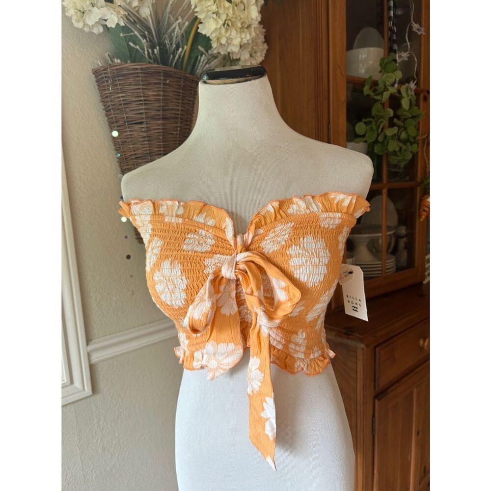 Billabong Orange and White Floral Tie-Smocked Top